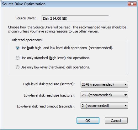 Source drive optimization dialog