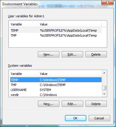 Screen capture of TMP and TEMP folder settings