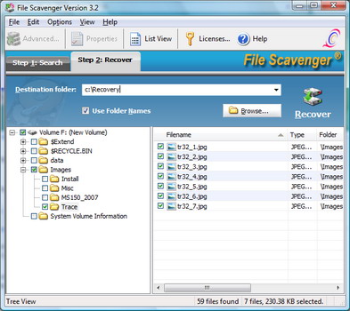 Seven files are to be recovered to the folder Recovery on drive C